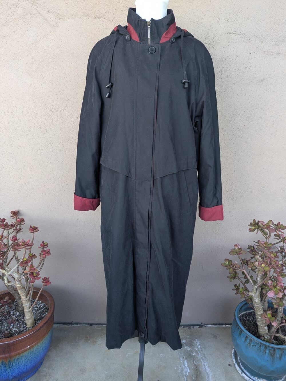 💜Liz Claiborne 90s Black Wine Hooded Maxi Trench w/ Liner